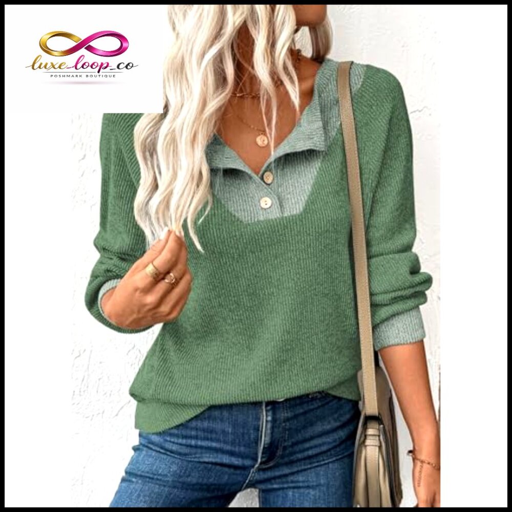 Patchwork V-Neck Sweatshirt Oversized Pullover Ca… - image 4